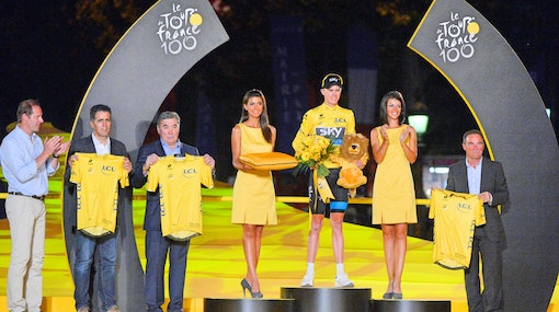 Chris Froome, Miguel Indurain, Eddy Merckx, Bernard Hinault, yellow jersey, 2013, Tour de France, podium, pic - Sirotti