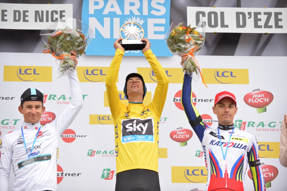 Richie Porte, Team Sky, yellow jersey, Paris-Nice, podium, 2015, pic: G.Demouveaux/ASO