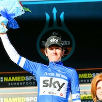 Geraint Thomas, Team Sky, 2018, blue jersey, Tirreno-Adriatico, podium, pic - RCS Sport