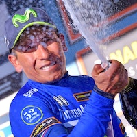 Nairo Quintana, Movistar, blue jersey, Tirreno-Adriatico, champagne, pic - RCS Sport